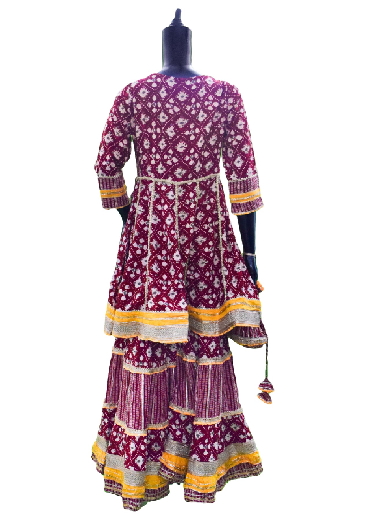 Silakaari Women's Maroon & Yellow Heavy Gotta Patti Full Garara Set With Potli