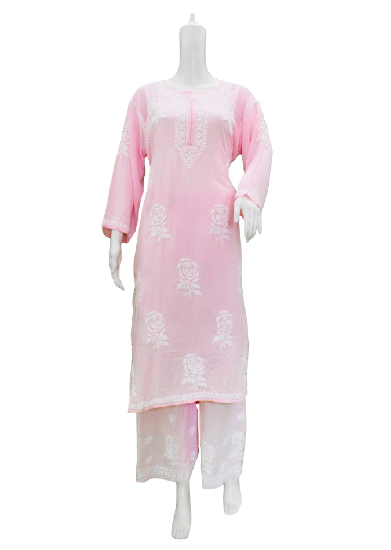 Silakaari Women's Baby Pink Modal Lucknowi Kurti Palazzo Set