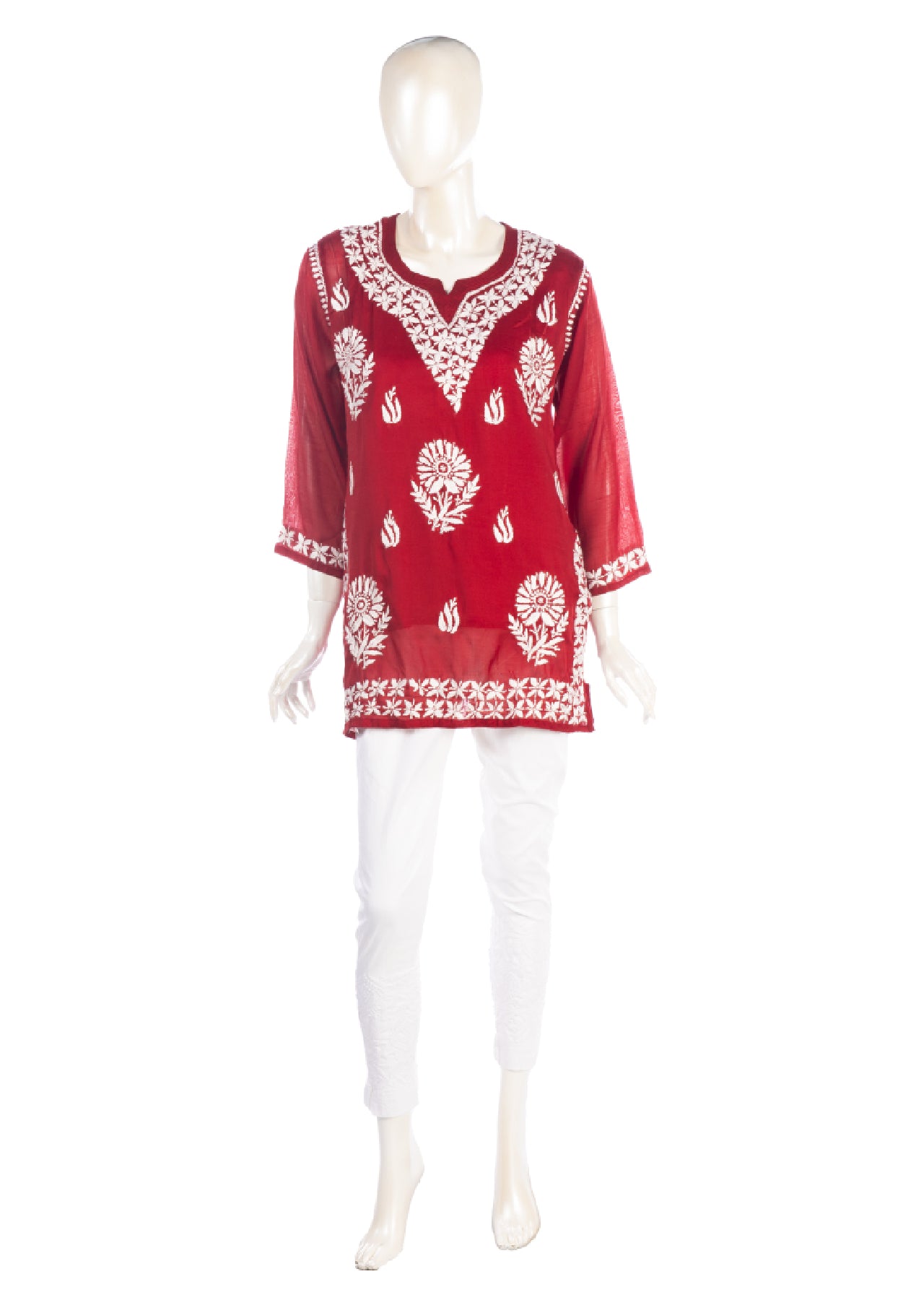 Silakaari Pure Muslin Maroon Heavy Lucknowi Straight Short Kurti With Pant Set