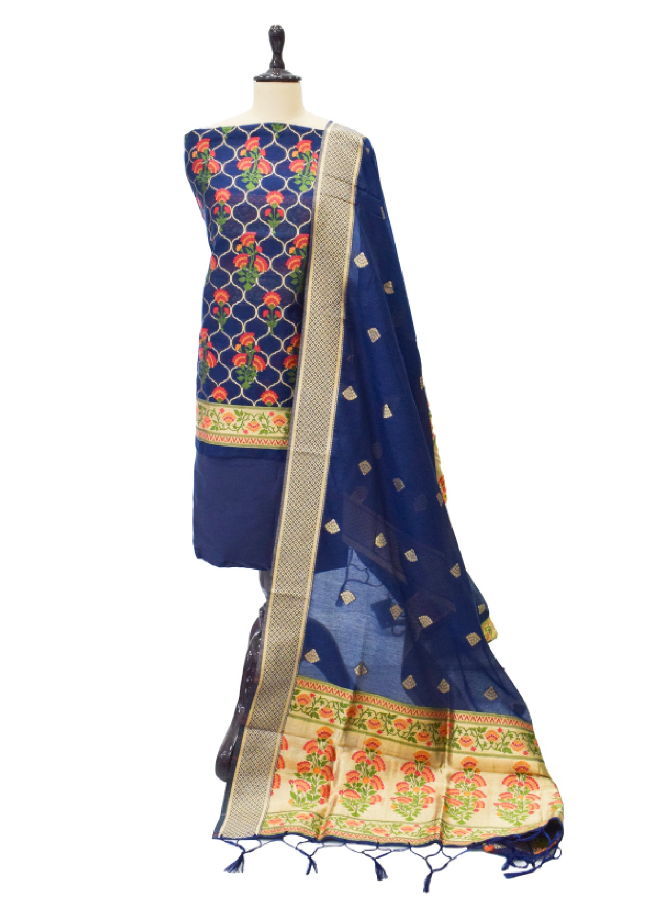 Silakaari Women's Navy Blue Zari Work Designer Banarasi Unstitched Dress Material