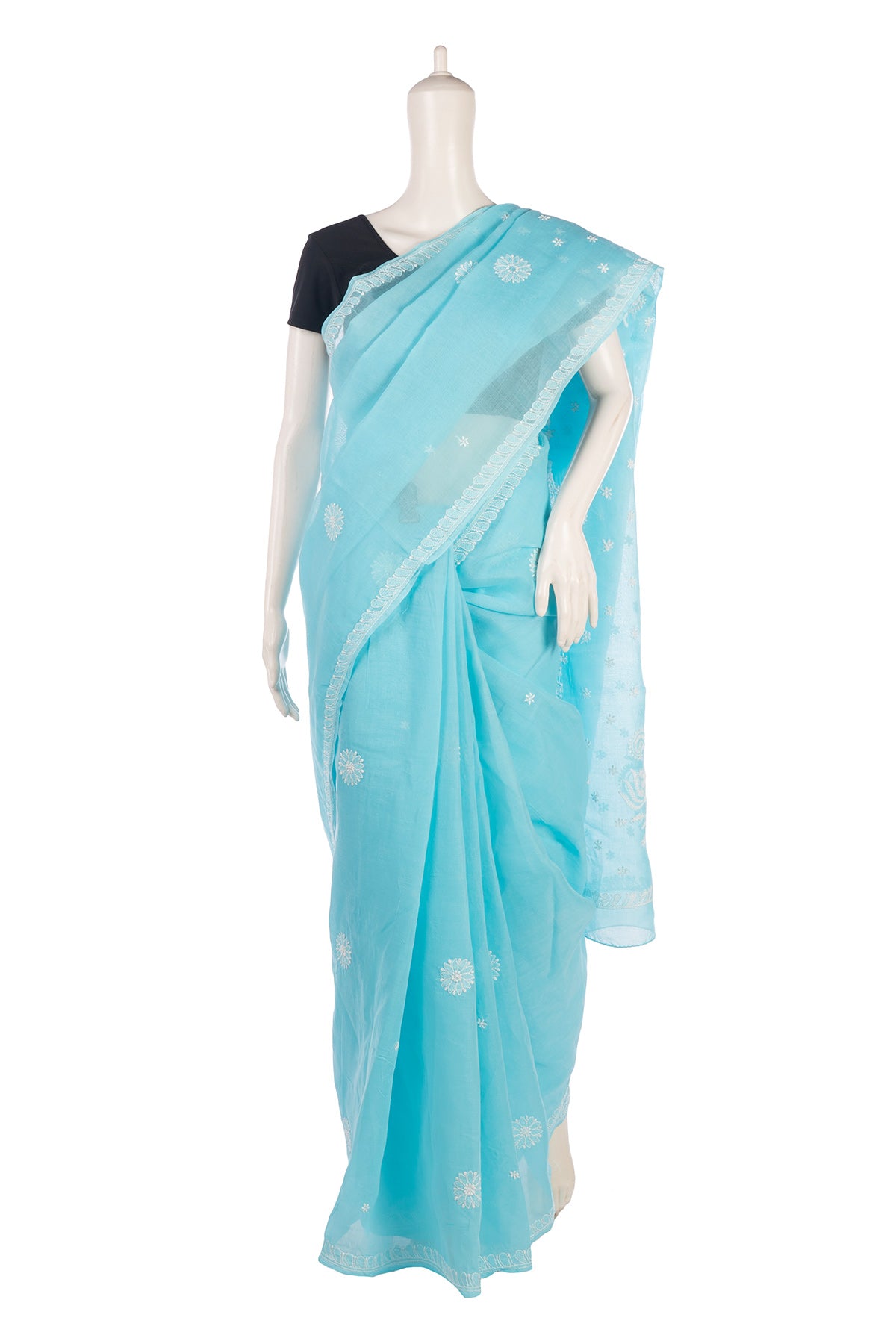 Silakaari Aasmani Pure Cotton Fine HandWork Super Delux Lucknowi Saree