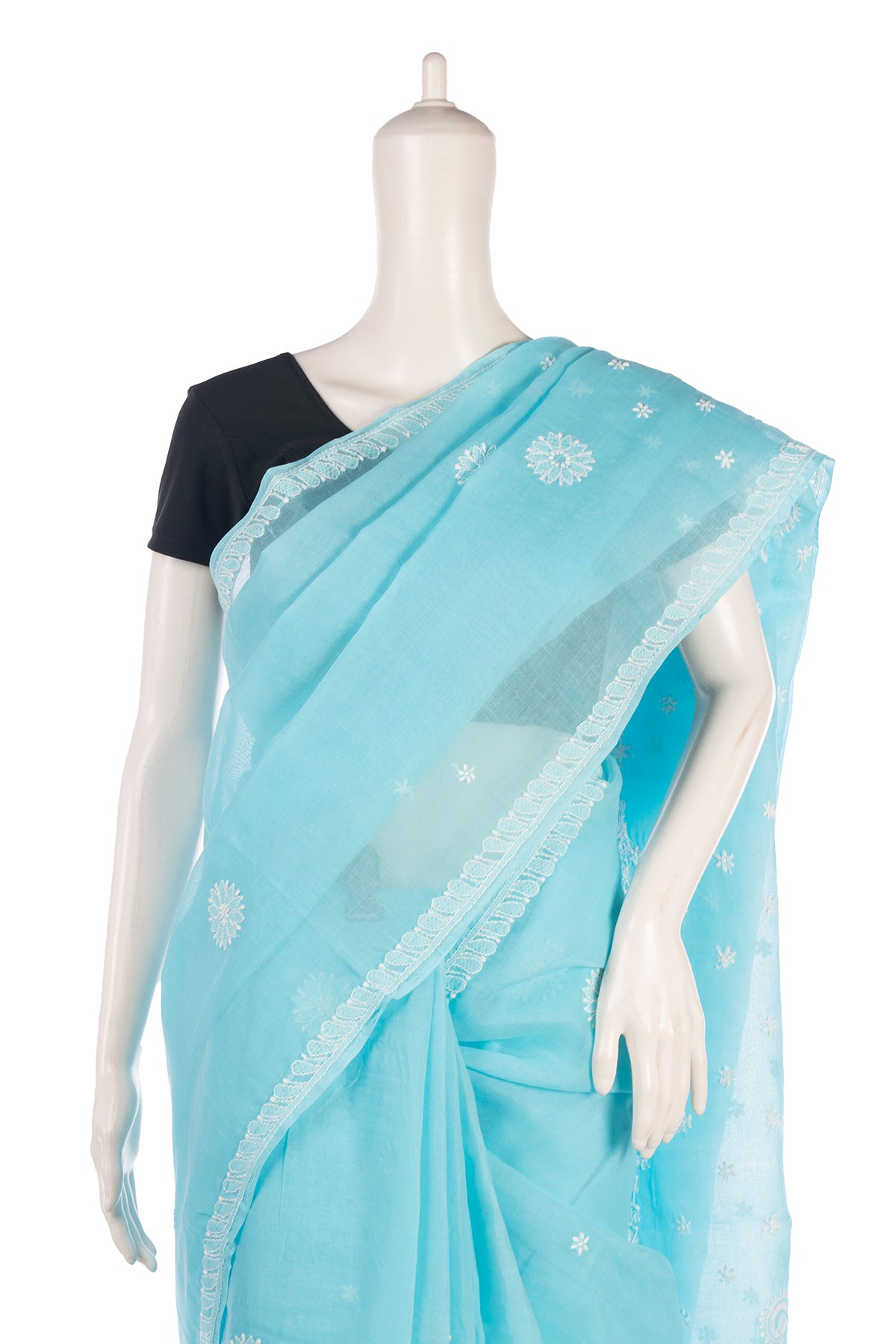 Silakaari Aasmani Pure Cotton Fine HandWork Super Delux Lucknowi Saree