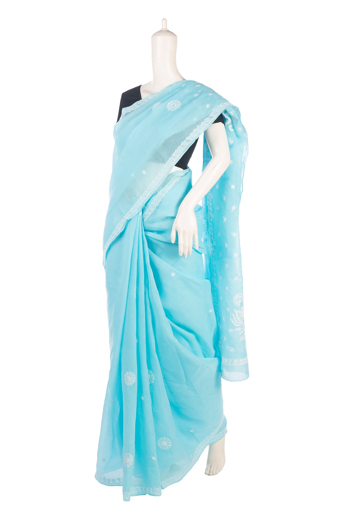 Silakaari Aasmani Pure Cotton Fine HandWork Super Delux Lucknowi Saree