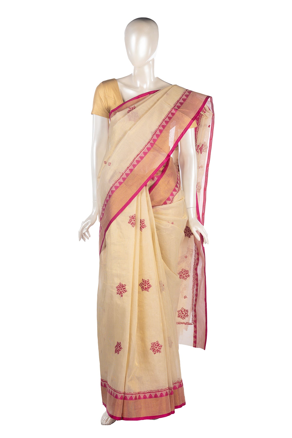 Silakaari Naaz Cream-Magenta Pure Chanderi HandWork Lucknowi Premium Party Wear Saree