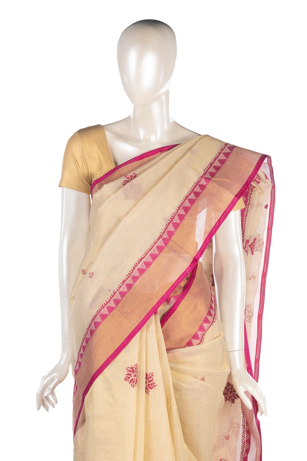 Silakaari Naaz Cream-Magenta Pure Chanderi HandWork Lucknowi Premium Party Wear Saree