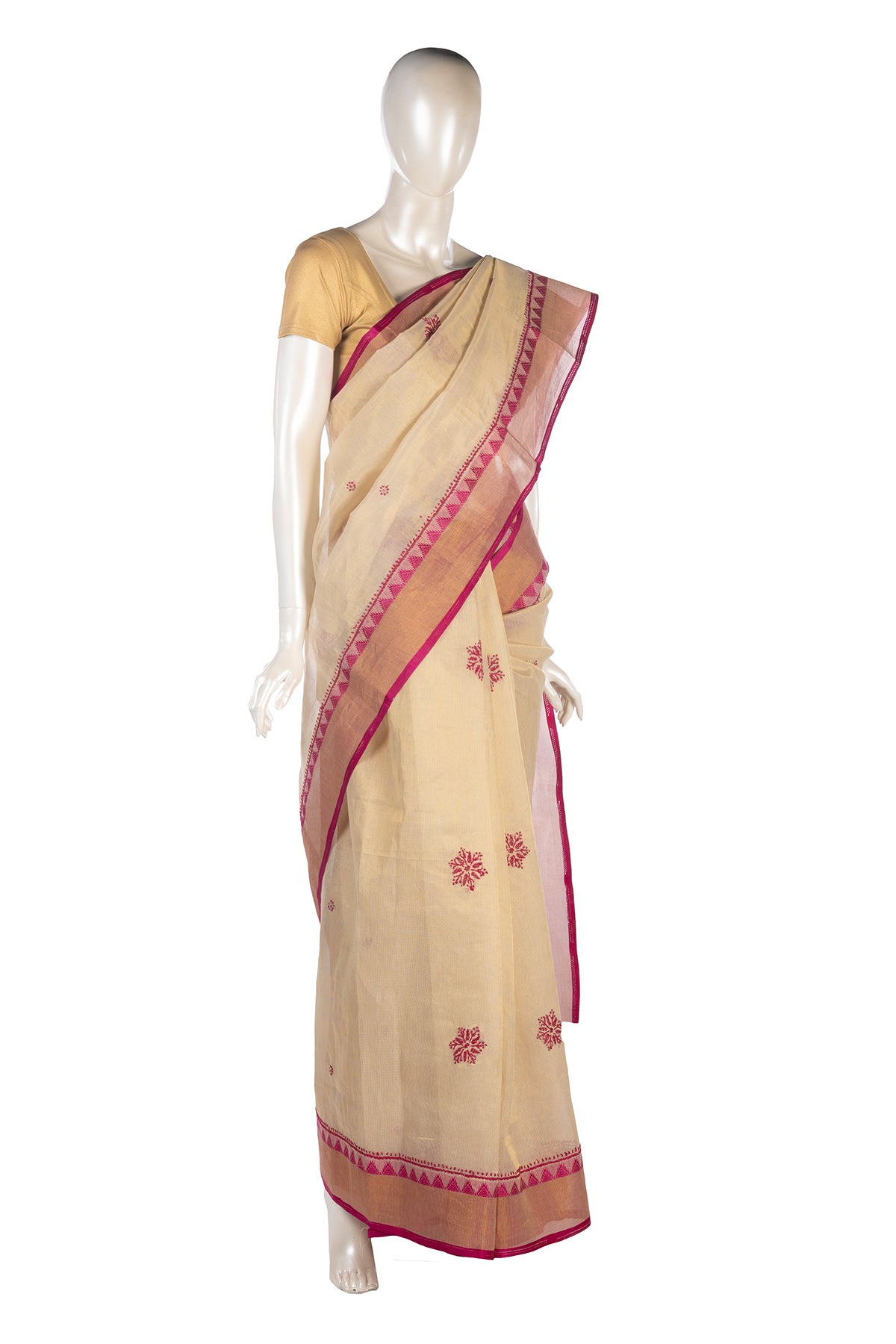 Silakaari Naaz Cream-Magenta Pure Chanderi HandWork Lucknowi Premium Party Wear Saree