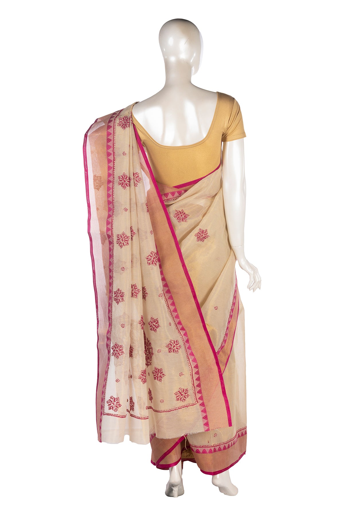Silakaari Naaz Cream-Magenta Pure Chanderi HandWork Lucknowi Premium Party Wear Saree