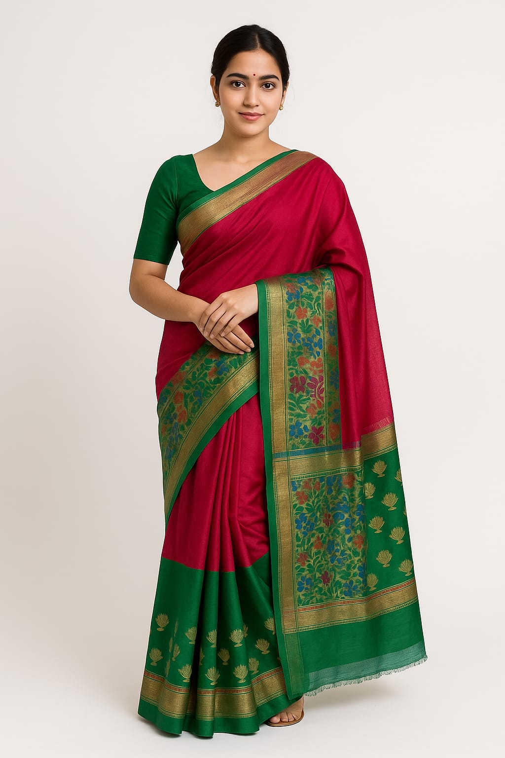 Silakaari Women's Bright Pink-Green Pure Silk Zari Banarasi Saree