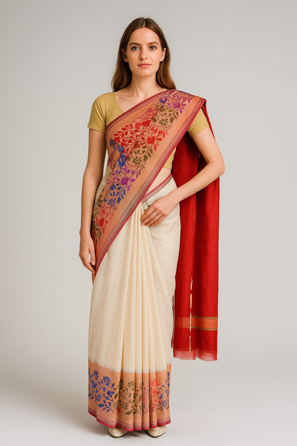 Silakaari Women's Off White Fancy Floral Border Banarasi Silk Saree