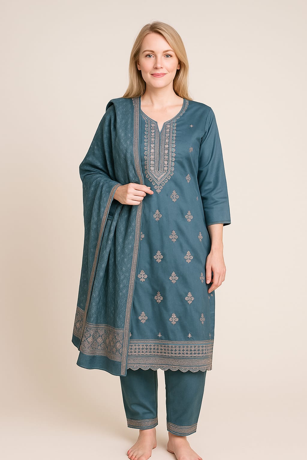 Silakaari Women's Fine Embroidered Dola Silk Kurti Pant Dupatta Set