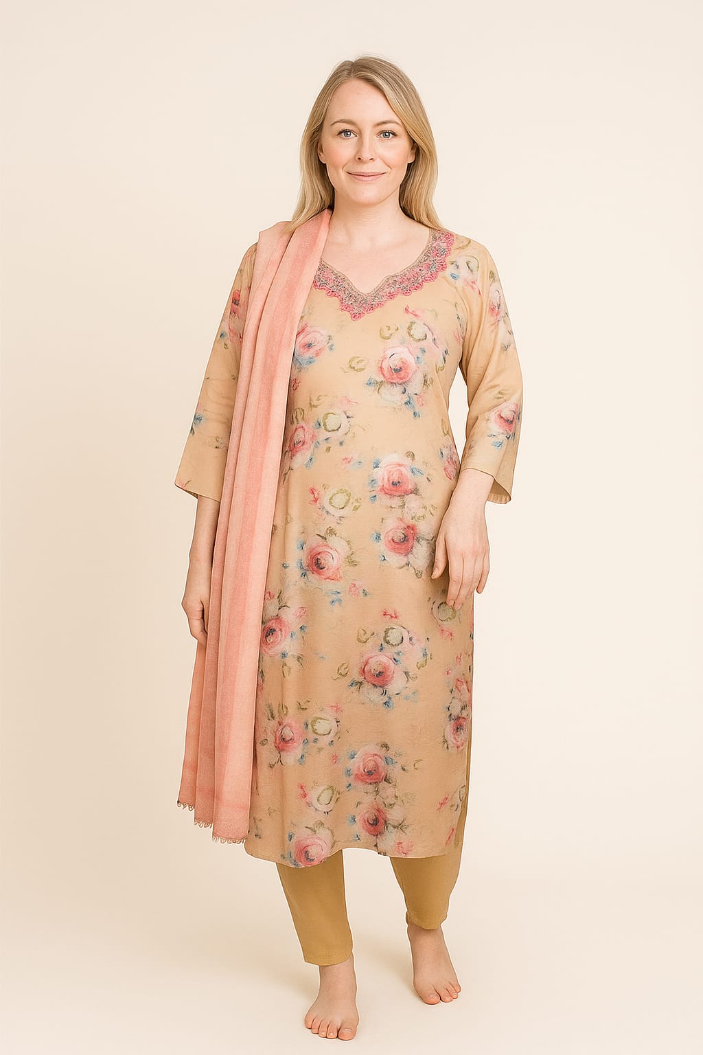 Silakaari Women's Beige-pink Sequin Mirror Fancy Salwar Kameez Digital Dupatta Set