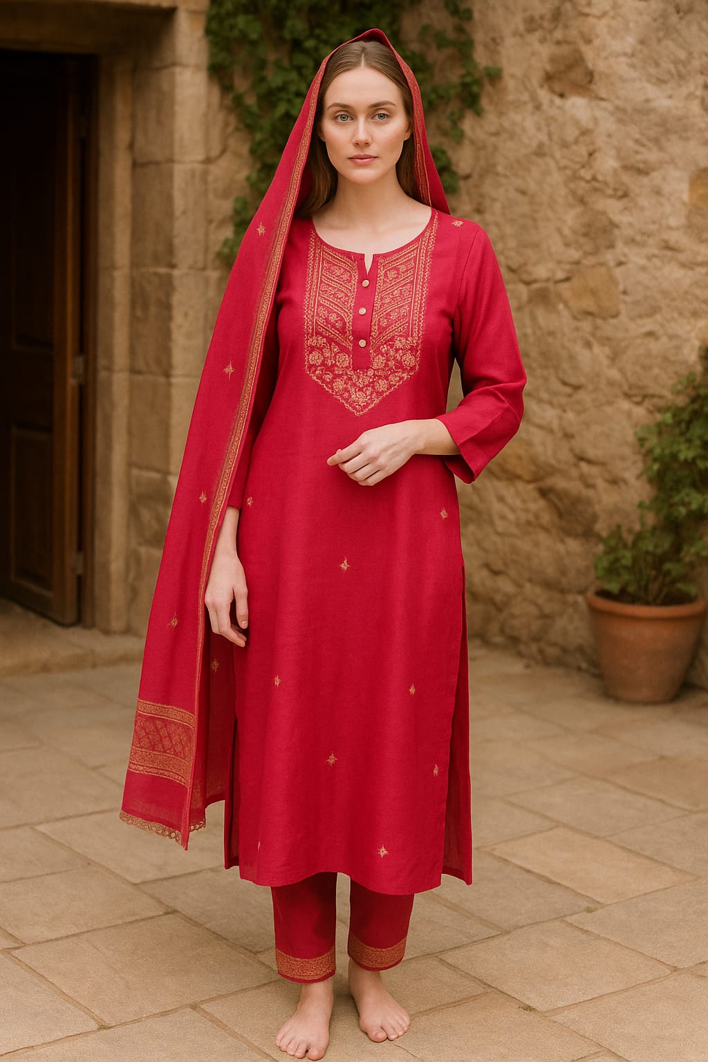 Silakaari Women's Dola Silk Heavy Gota Hand Work Kurti Pant Dupatta Set