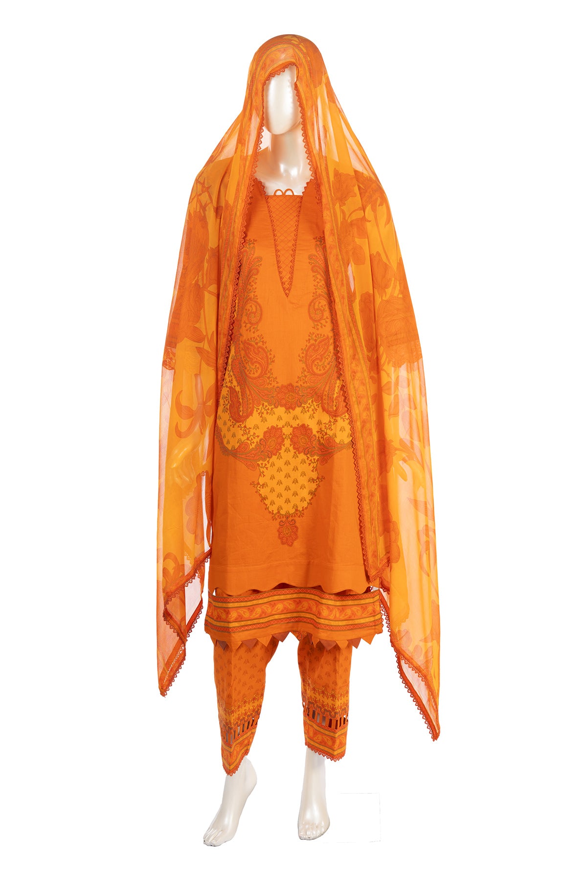 Silakaari Dhun Orange Pure Lawn Printed Lacy Embroidery Ready-Made Dress