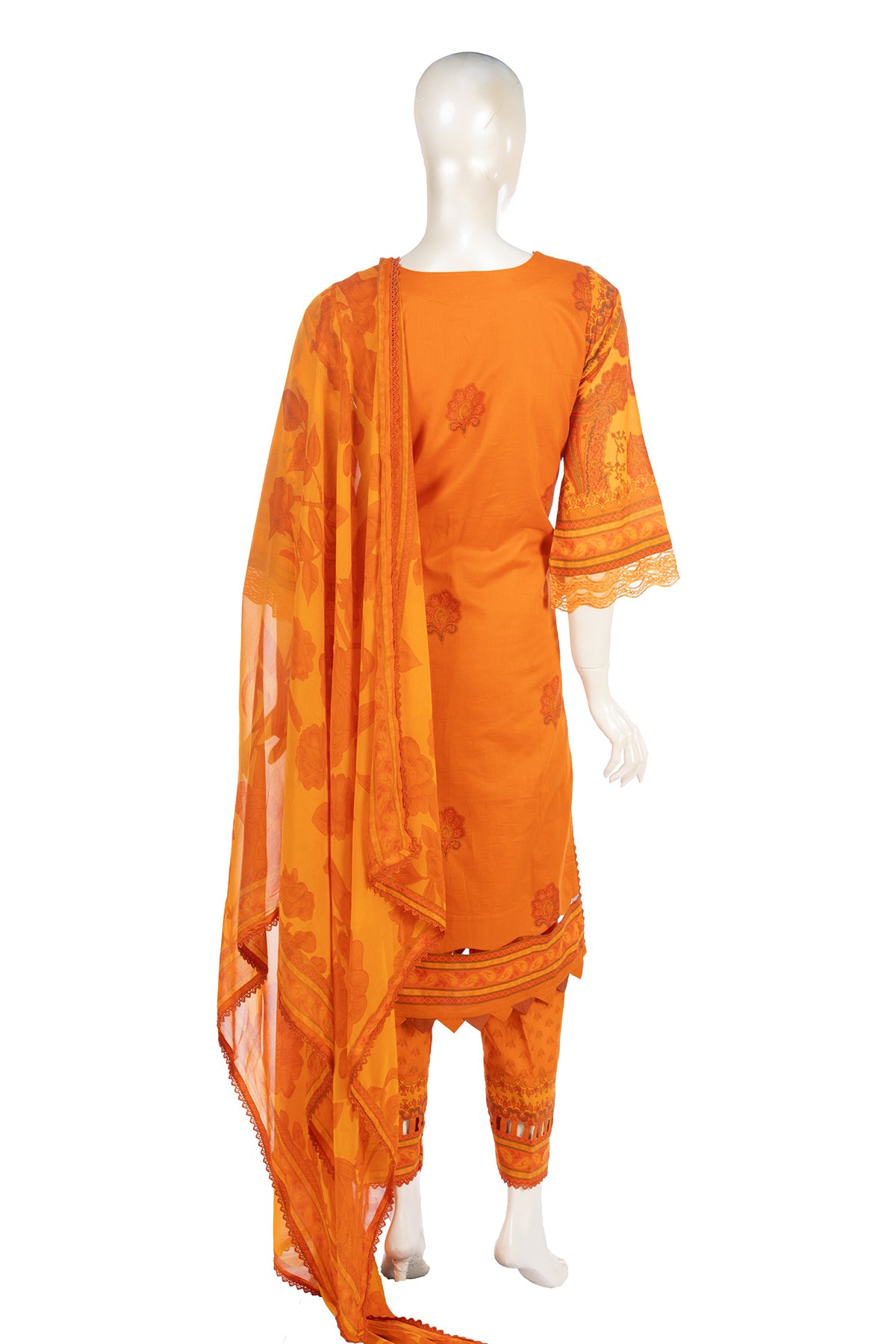Silakaari Dhun Orange Pure Lawn Printed Lacy Embroidery  Ready-Made Dress