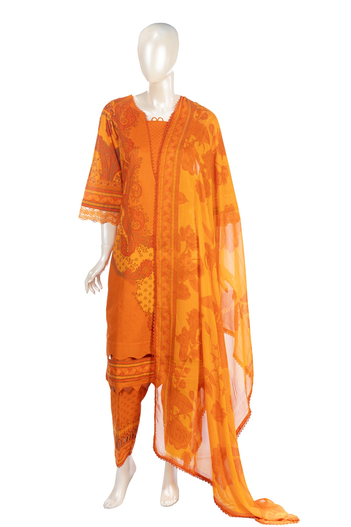 Silakaari Dhun Orange Pure Lawn Printed Lacy Embroidery Pakistani Ready-Made Dress