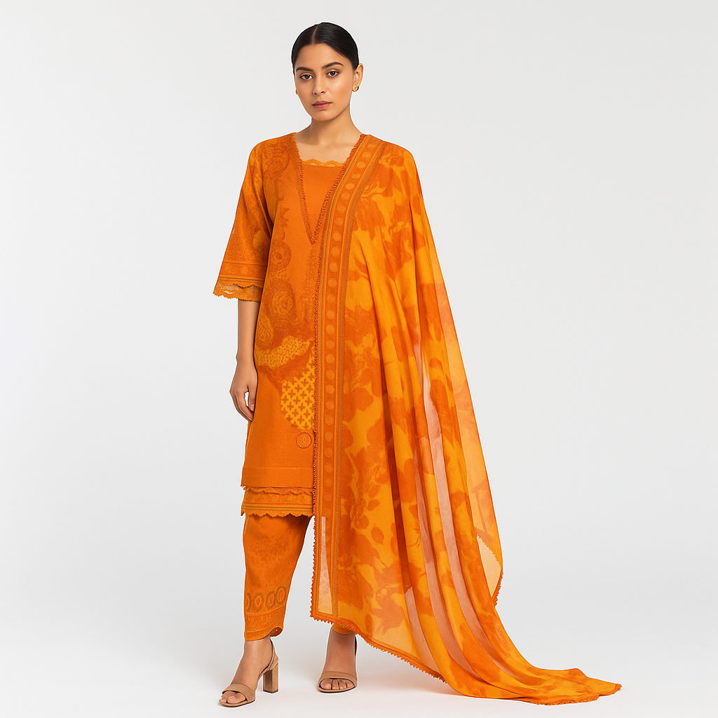Silakaari Dhun Orange Pure Lawn Printed Lacy Embroidery Ready-Made Dress