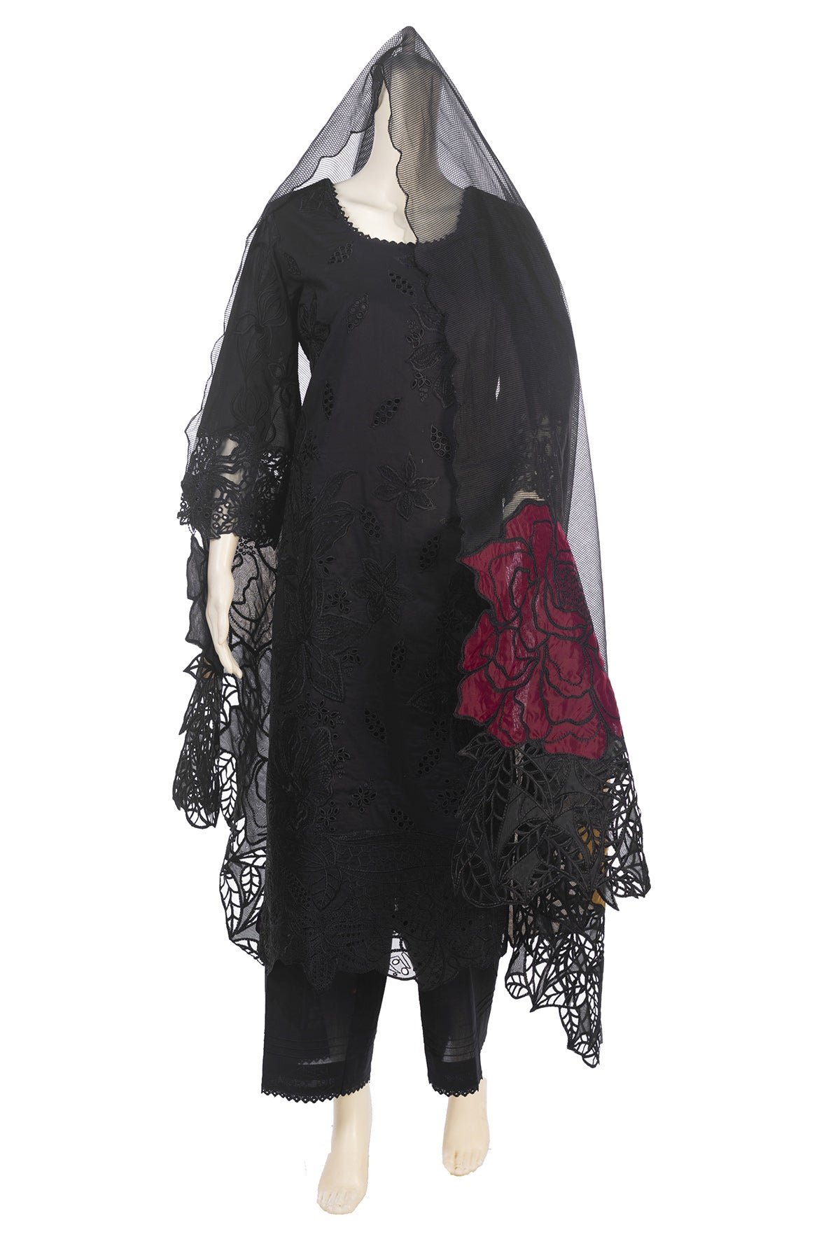 Silakaari Fakar Self Black Pure Hakoba Chikan Premium Patch Work Pakistani Ready-Made Dress