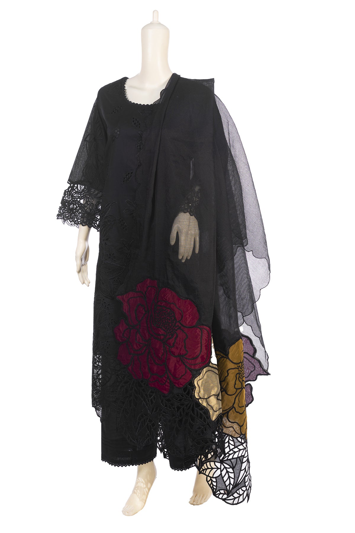 Silakaari Fakar Self Black Pure Hakoba Chikan Premium Patch Work Pakistani Ready-Made Dress
