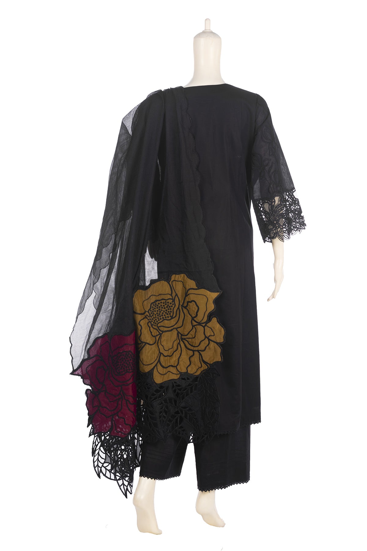 Silakaari Fakar Self Black Pure Hakoba Chikan Premium Patch Work Pakistani Ready-Made Dress