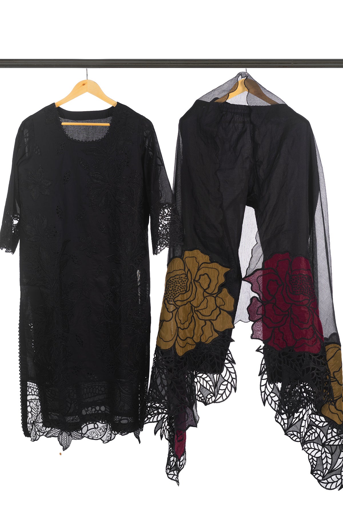 Silakaari Fakar Self Black Pure Hakoba Chikan Premium Patch Work Pakistani Ready-Made Dress