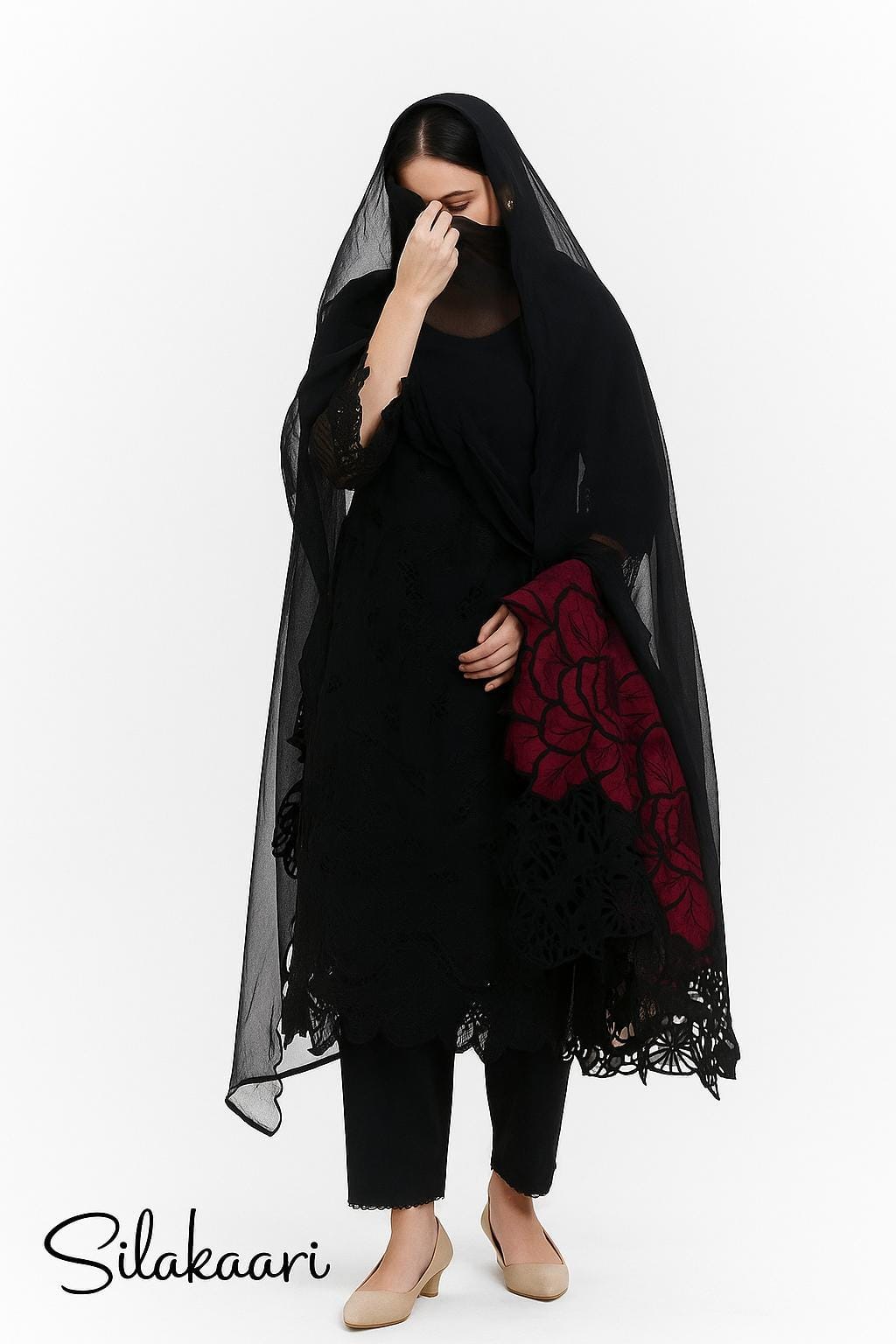 Silakaari Fakar Self Black Pure Hakoba Chikan Premium Patch Work Ready-Made Dress