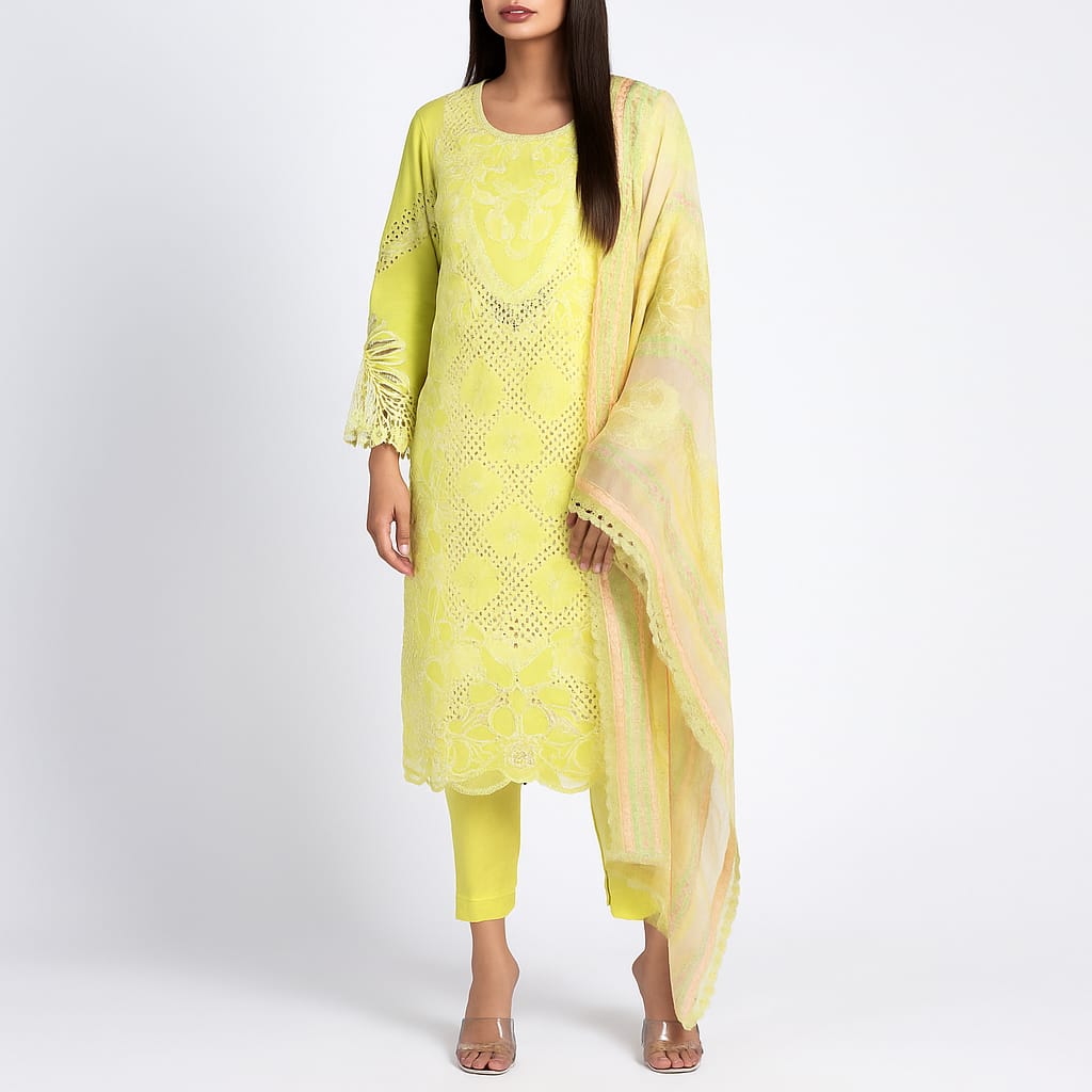 Silakaari Rangrasiya Pista Green All Over Chikan Organza Premium Ready-Made Dress