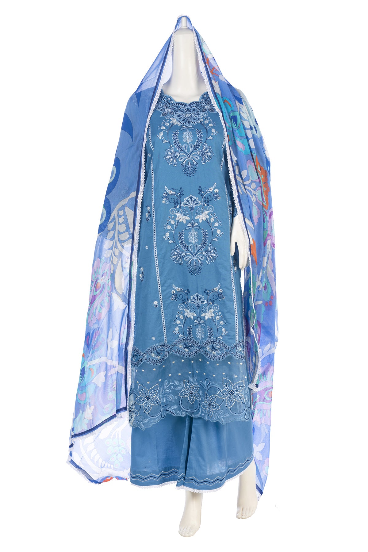 Silakaari Izhar Powder Blue Heavy Embroidery Organza Patch Pure Lawn Ready-Made Dress