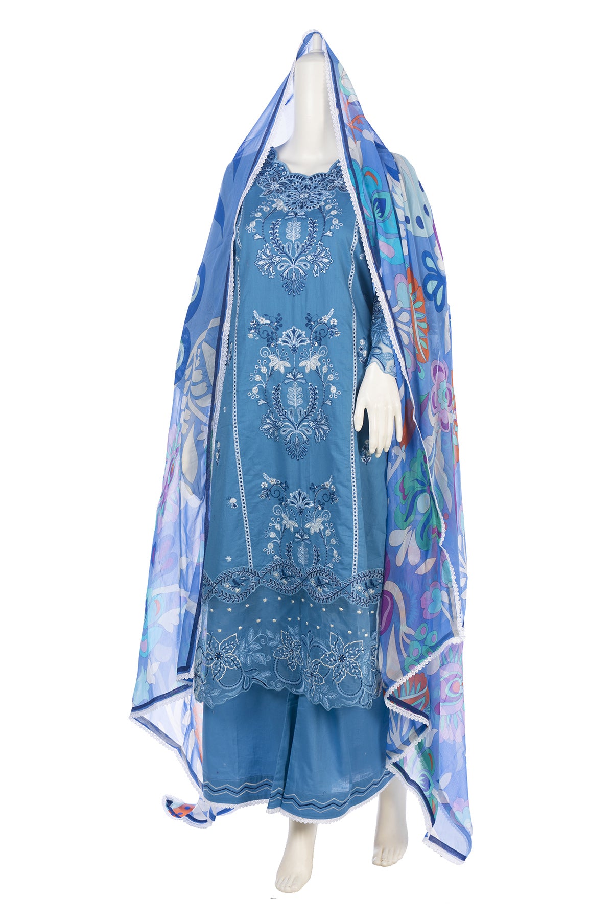 Silakaari Izhar Powder Blue Heavy Embroidery Organza Patch Pure Lawn Ready-Made Dress
