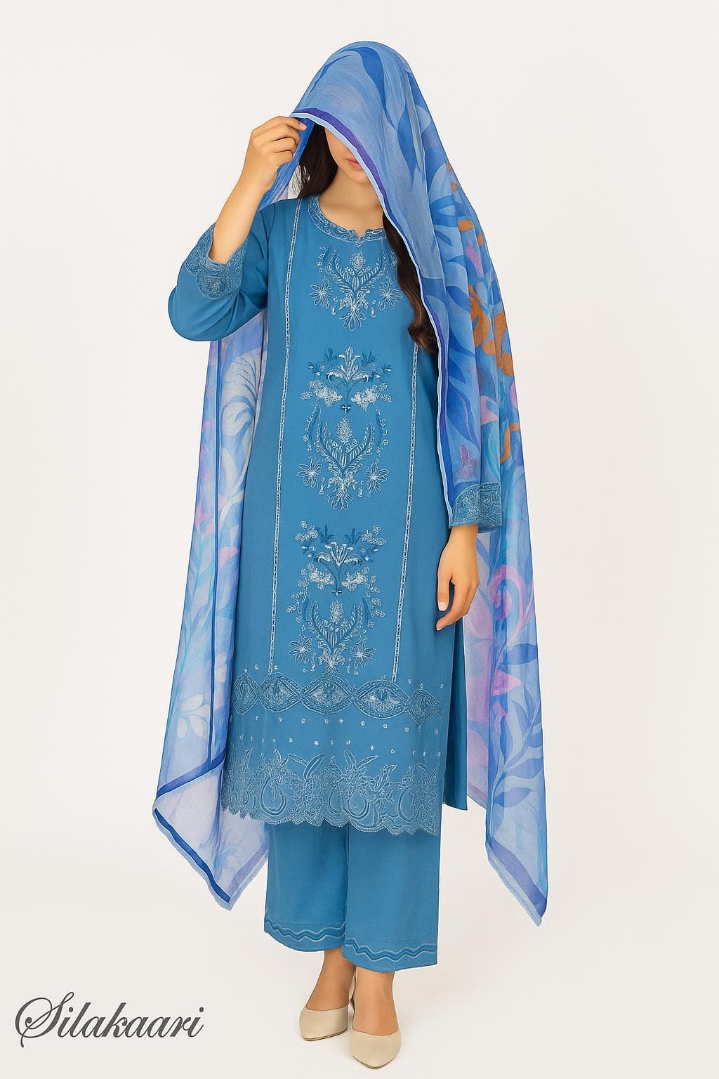Silakaari Izhar Powder Blue Heavy Embroidery Organza Patch Pure Lawn Ready-Made Dress