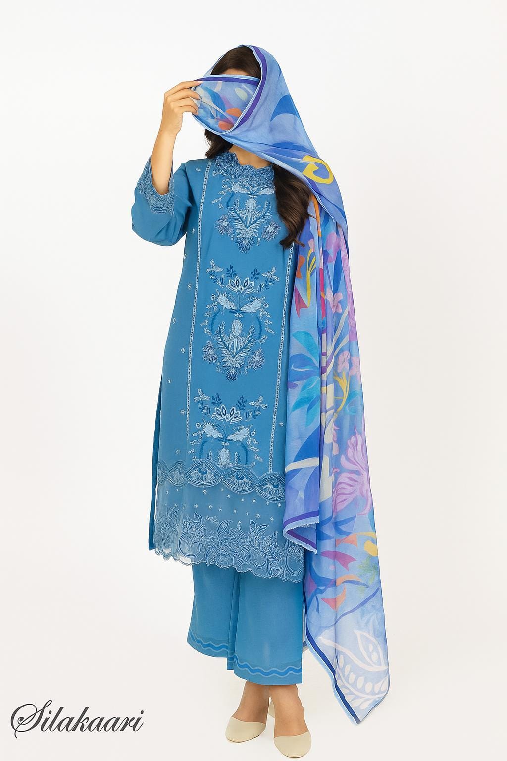 Silakaari Izhar Powder Blue Heavy Embroidery Organza Patch Pure Lawn Ready-Made Dress