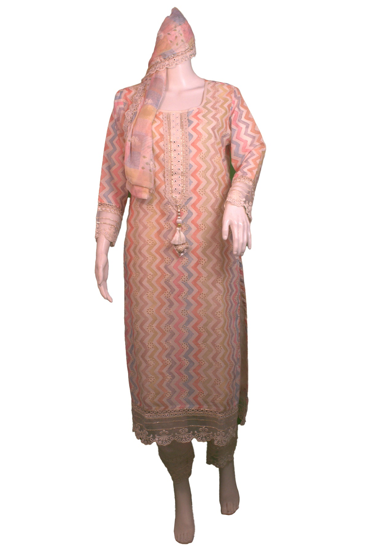 Silakaari Women's Zigzag Pure Cotton Mirror Gota Ready-made karachi Dress
