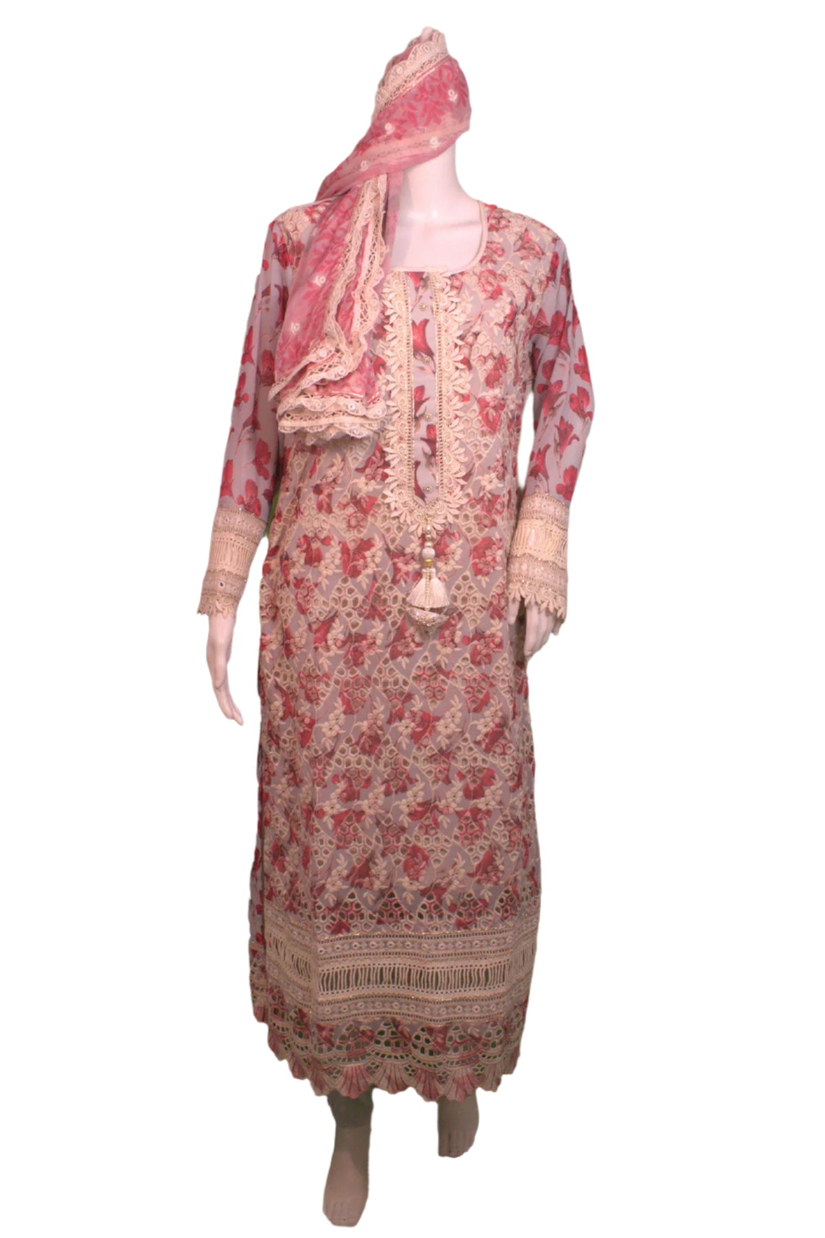 Silakaari Women's Magenta Hakoba Karachi Kurti Pant Dupatta Set