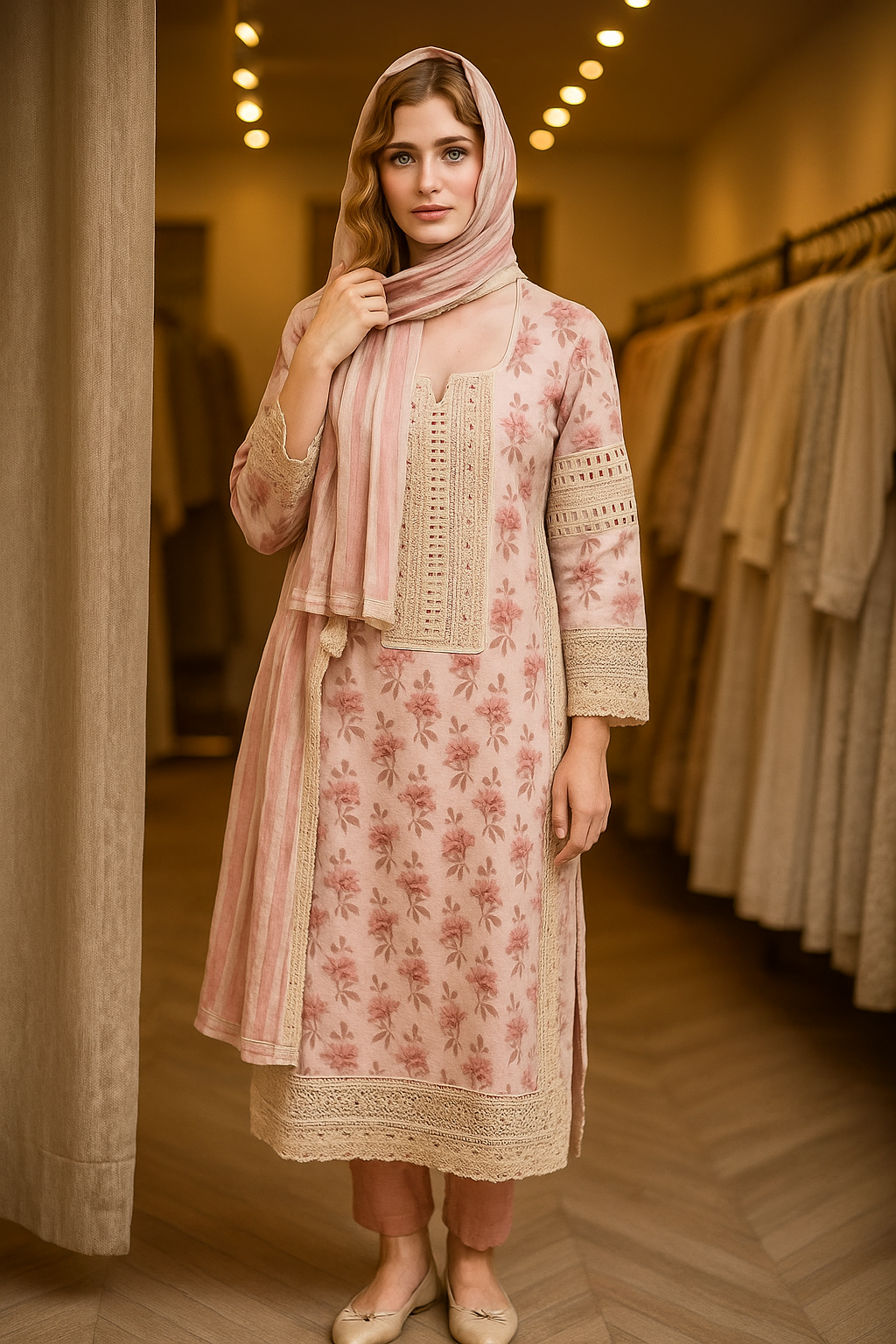 Silakaari Women's Pink & Cream Floral Gota Rose Ready Dress With dupatta