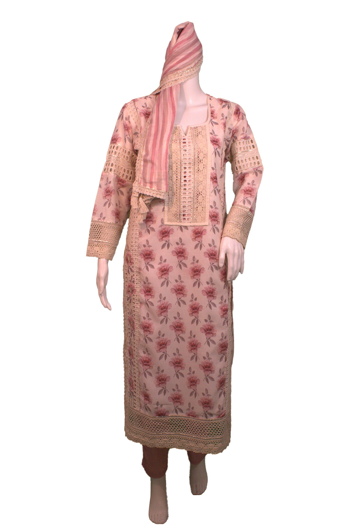 Silakaari Women's Pink & Cream Floral Gota Rose Ready Dress With dupatta