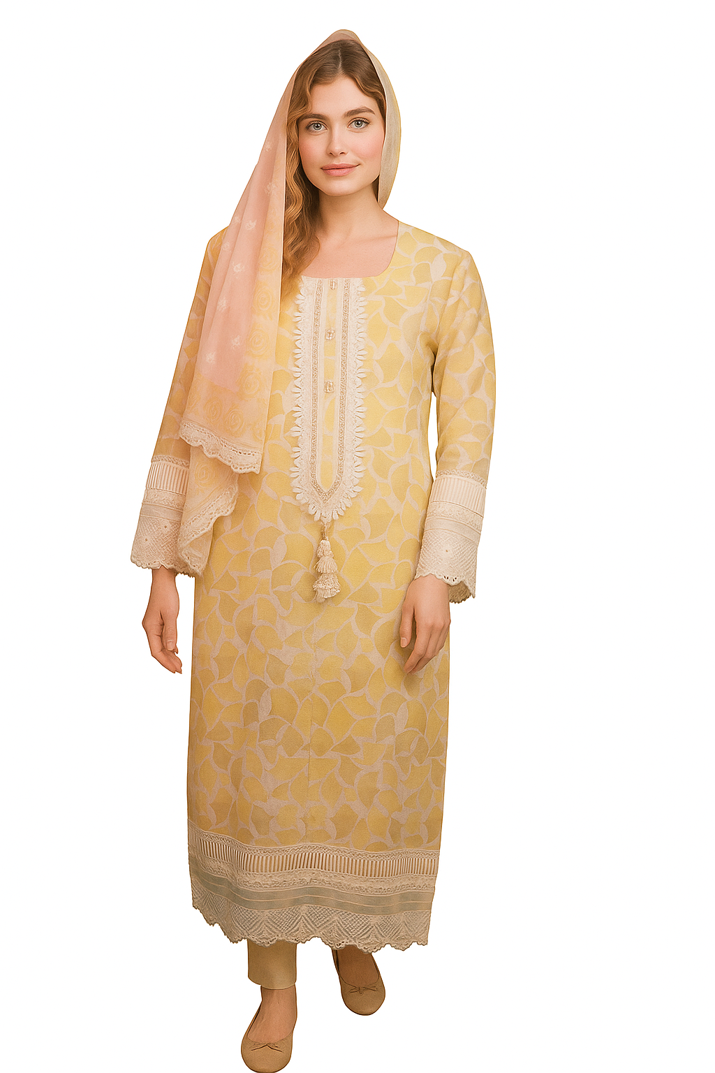 Silakaari Women's Yellow Mirror Floral Lacy Front Designer Ready-made Dress