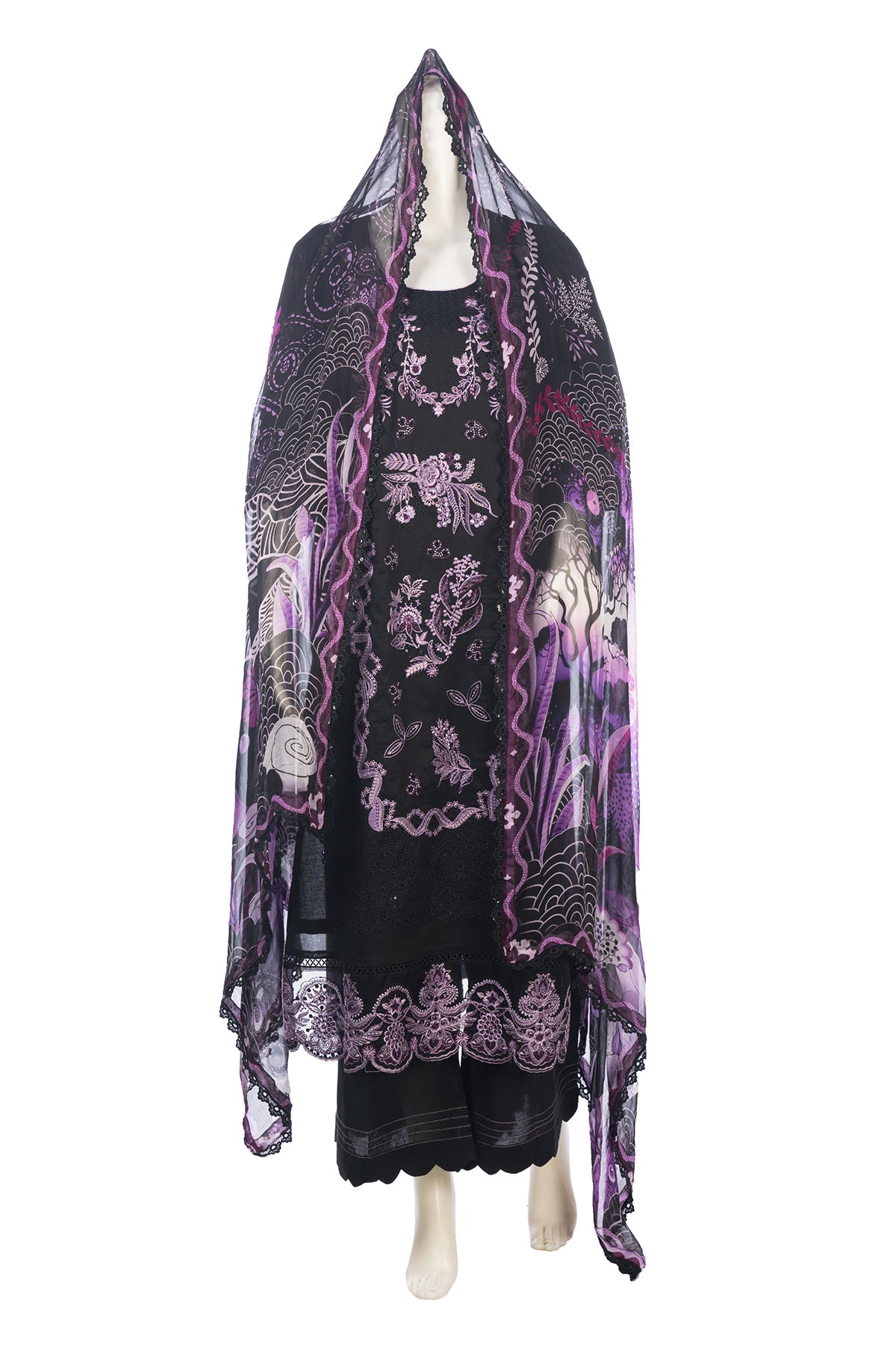 Silakaari Kurbat Pure Lawn All Over Embroidery With Sequin Black-Purple Full Patch Work Pakistani Ready-Made Dress
