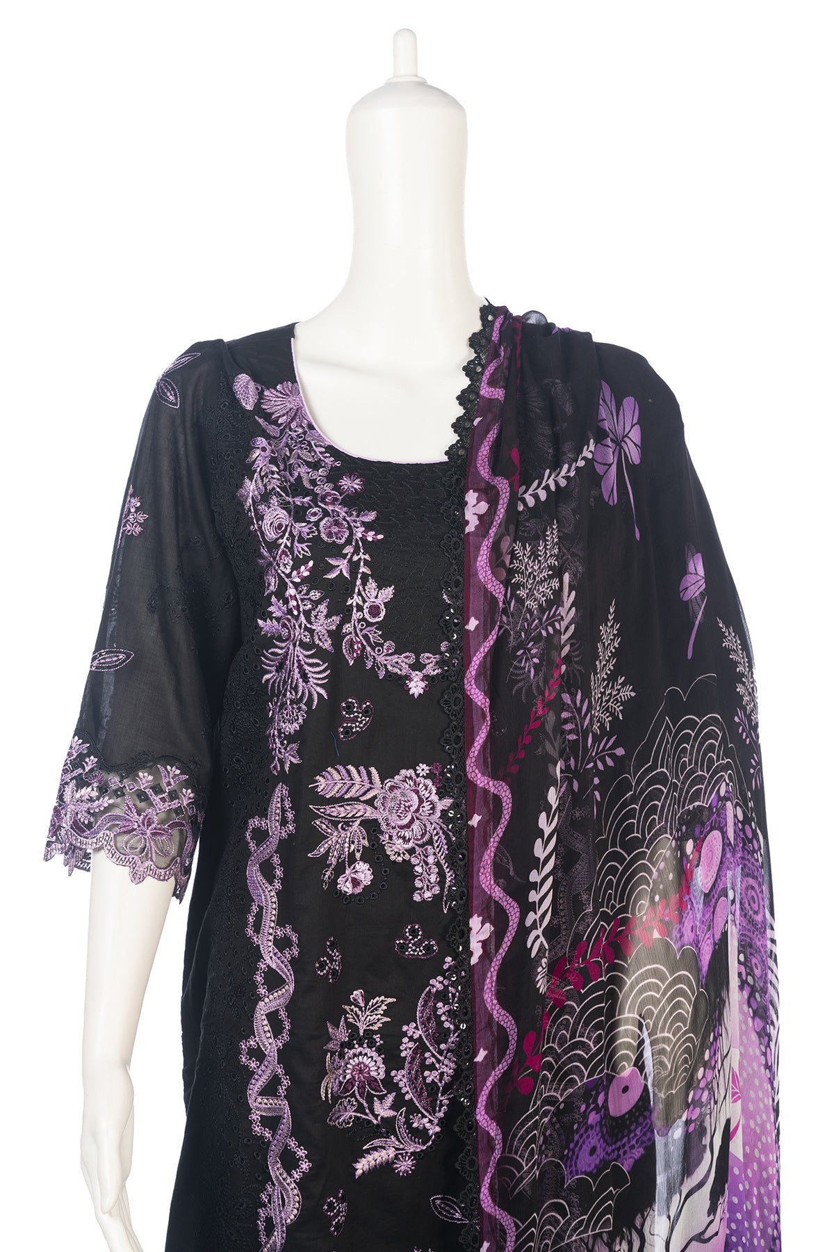 Silakaari Kurbat Pure Lawn All Over Embroidery With Sequin Black-Purple Full Patch Work Pakistani Ready-Made Dress