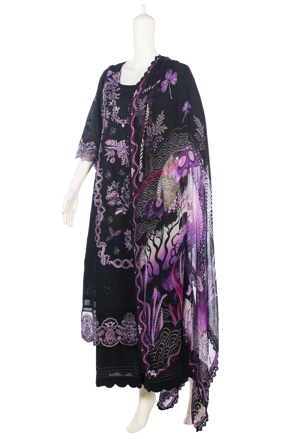 Silakaari Kurbat Pure Lawn All Over Embroidery With Sequin Black-Purple Full Patch Work  Ready-Made Dress