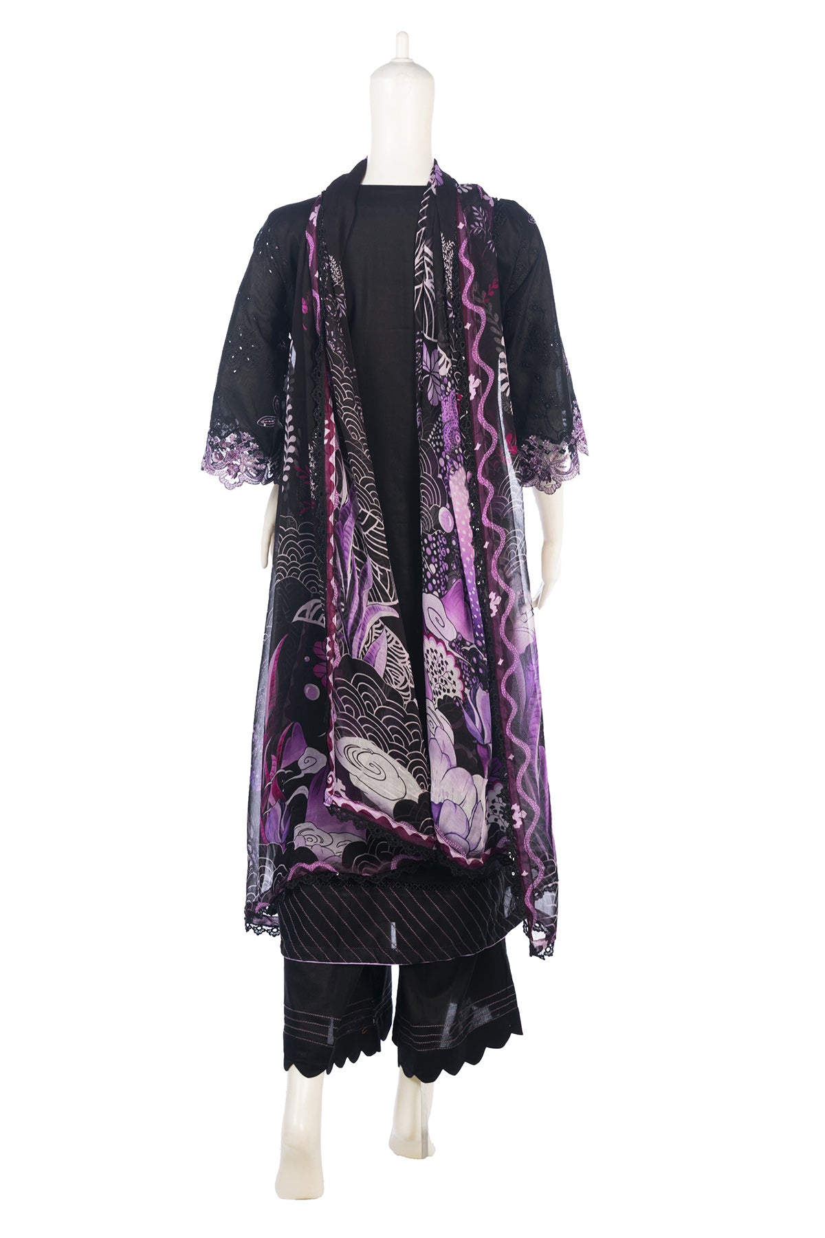 Silakaari Kurbat Pure Lawn All Over Embroidery With Sequin Black-Purple Full Patch Work Pakistani Ready-Made Dress
