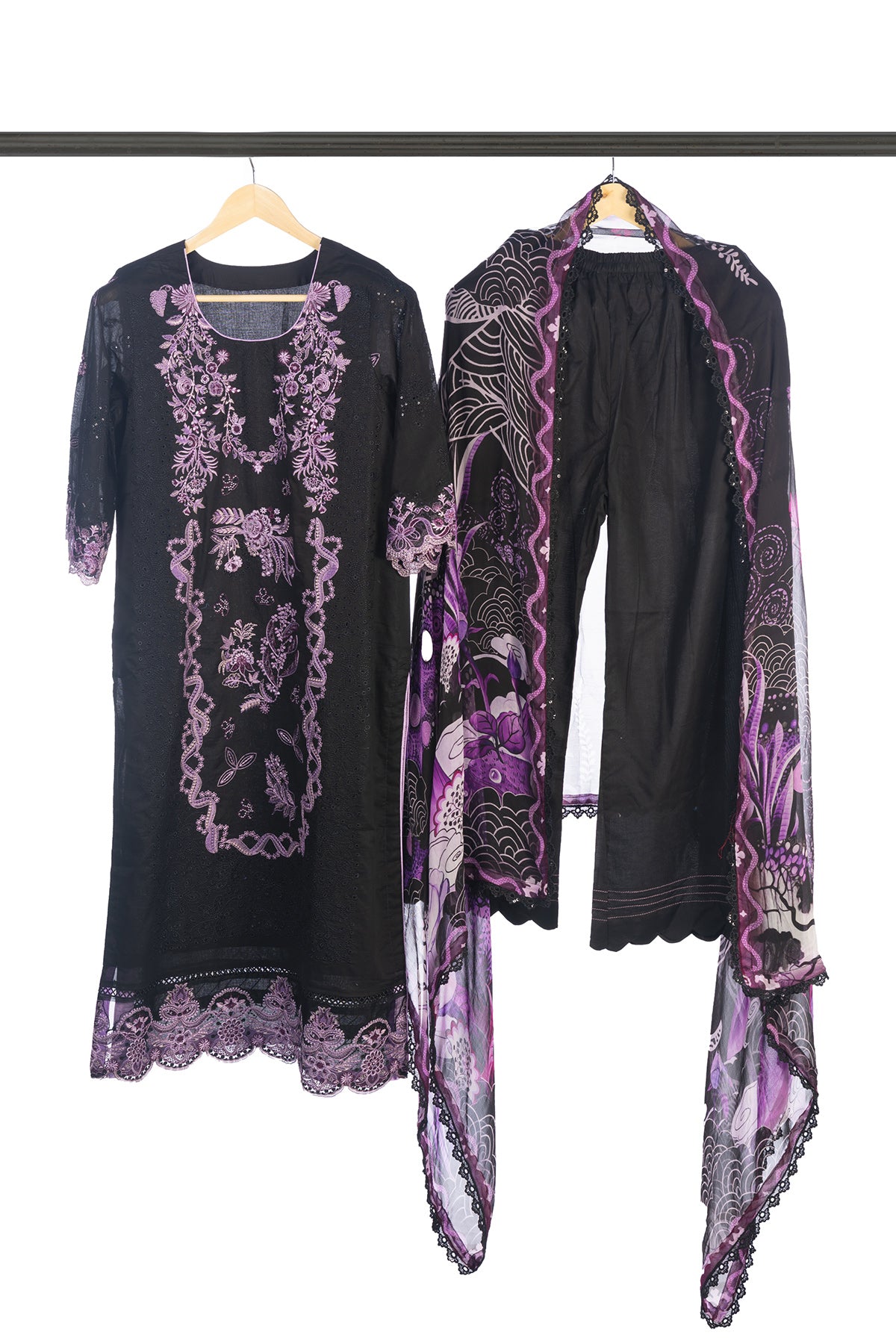 Silakaari Kurbat Pure Lawn All Over Embroidery With Sequin Black-Purple Full Patch Work  Ready-Made Dress