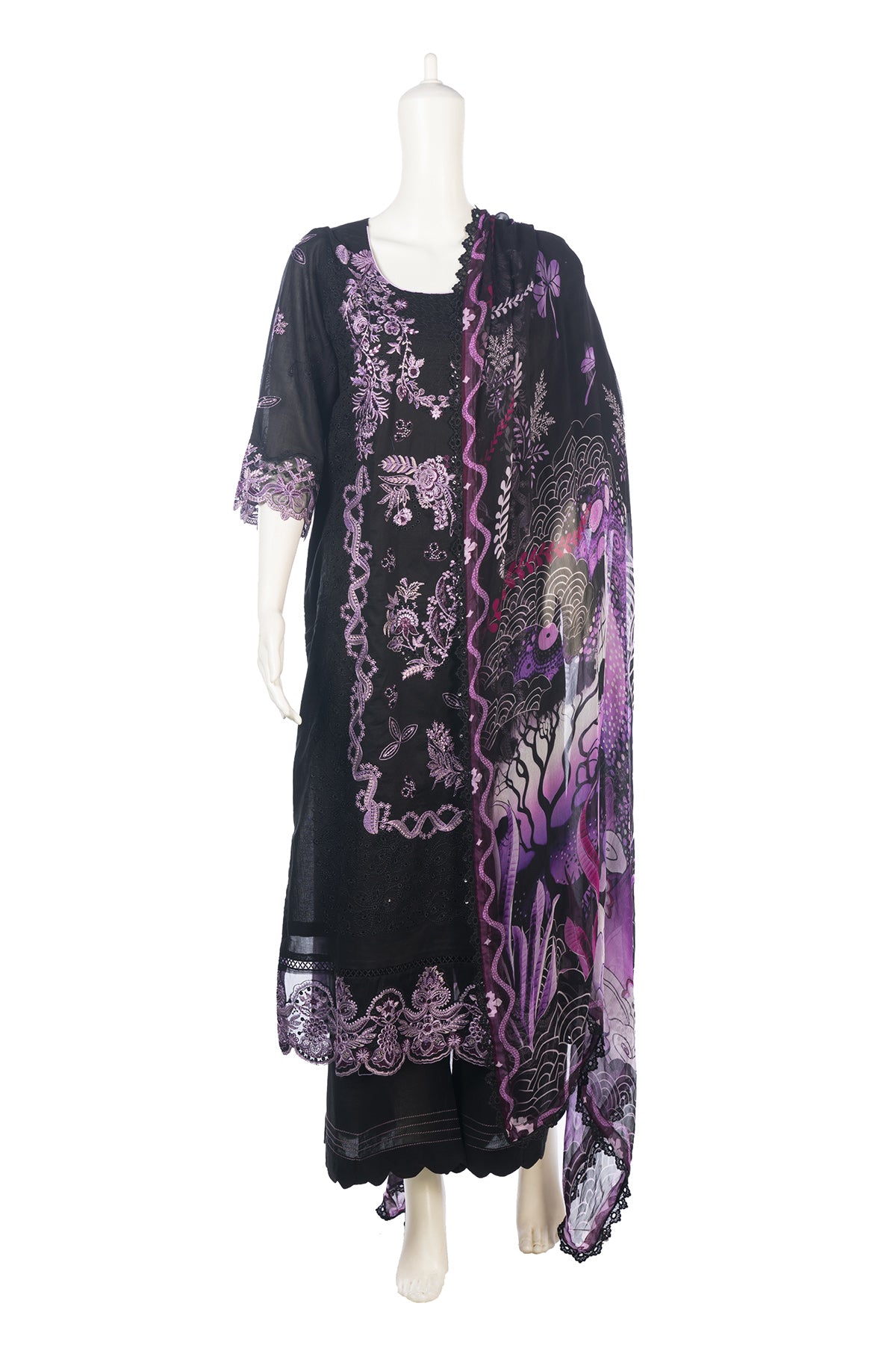 Silakaari Kurbat Pure Lawn All Over Embroidery With Sequin Black-Purple Full Patch Work Pakistani Ready-Made Dress