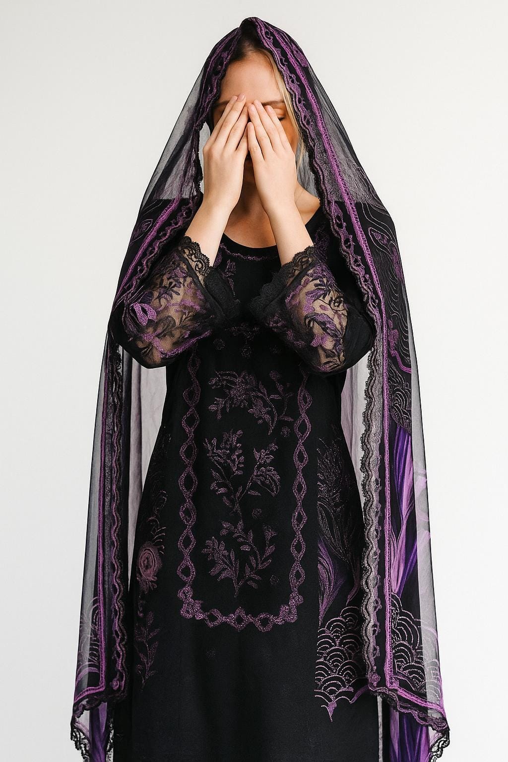Silakaari Kurbat Pure Lawn All Over Embroidery With Sequin Black-Purple Full Patch Work Ready-Made Dress