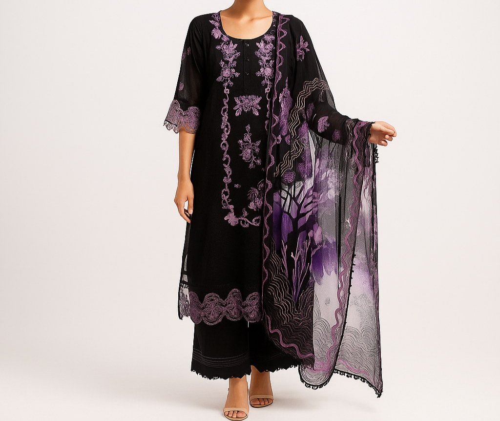 Silakaari Kurbat Pure Lawn All Over Embroidery With Sequin Black-Purple Full Patch Work Ready-Made Dress