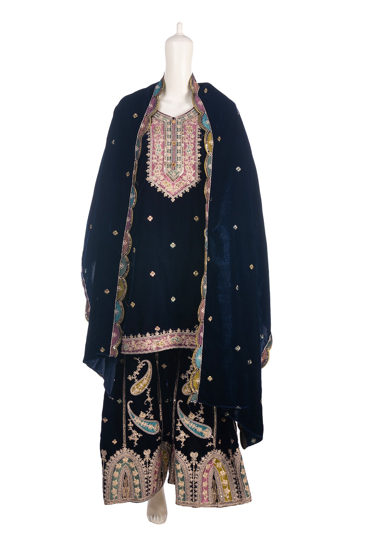 Silakaari Gehraiyaan Dark Blue-Gold Sequin Zari Bridal Pure Velvet Kurti Palazzo Set
