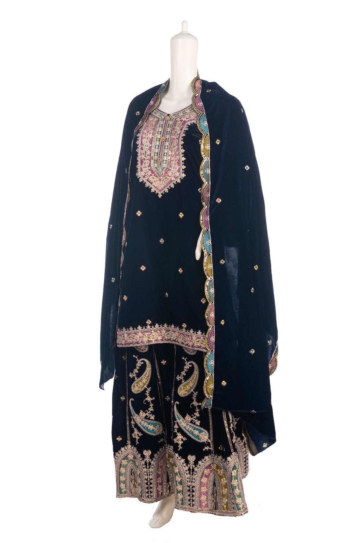 Silakaari Gehraiyaan Dark Blue-Gold Sequin Zari Bridal Pure Velvet Kurti Palazzo Set