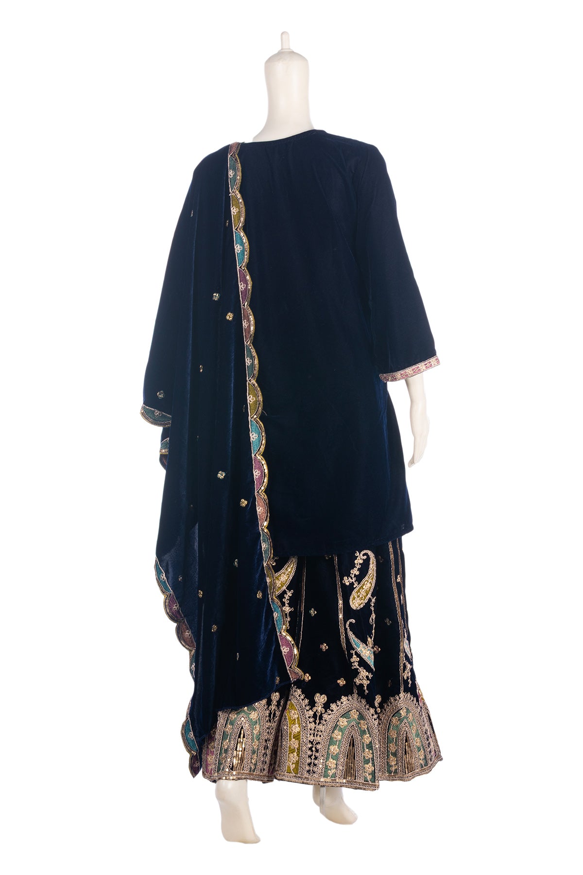 Silakaari Gehraiyaan Dark Blue-Gold Sequin Zari Bridal Pure Velvet Kurti Palazzo Set