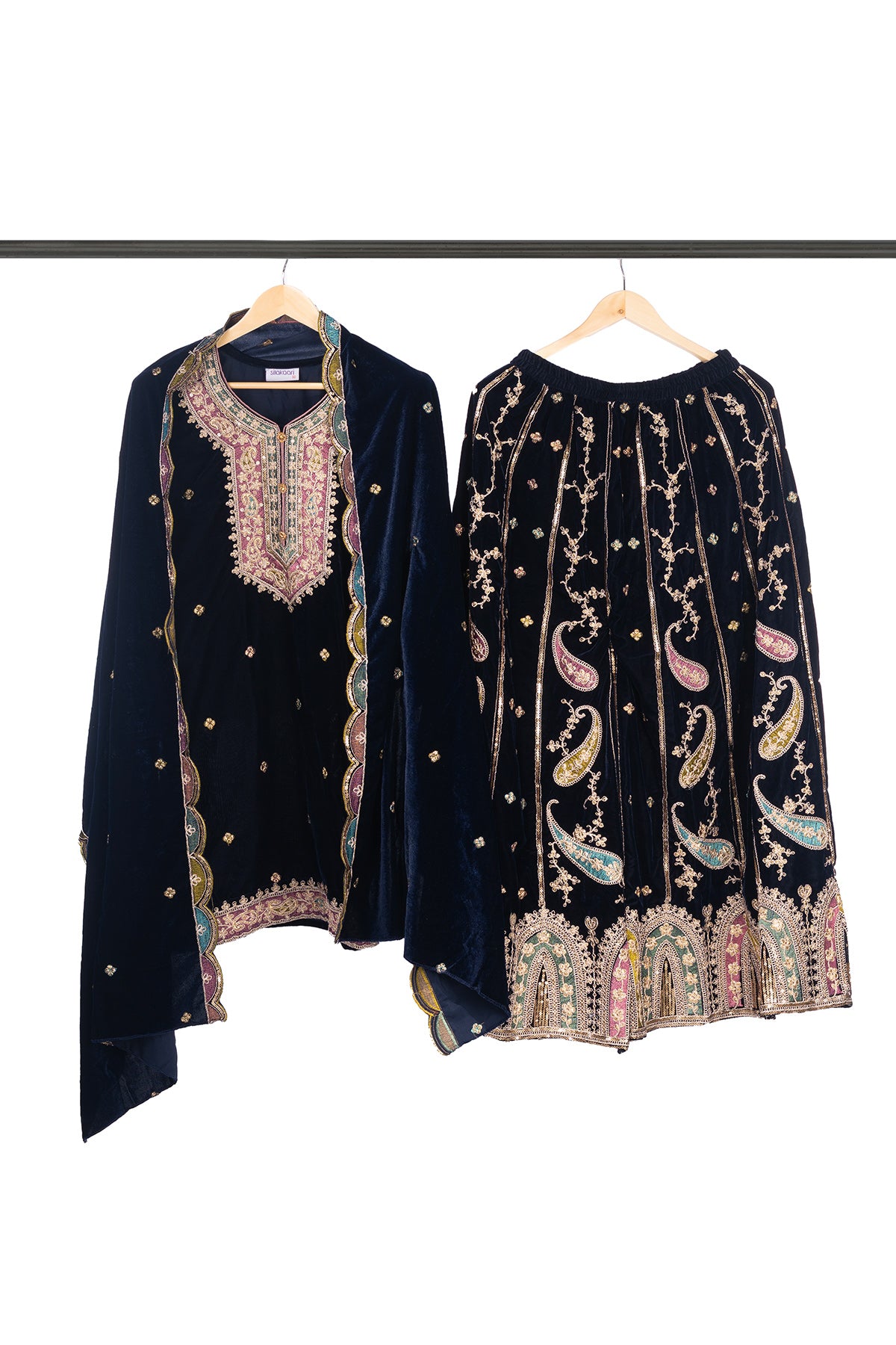 Silakaari Gehraiyaan Dark Blue-Gold Sequin Zari Bridal Pure Velvet Kurti Palazzo Set