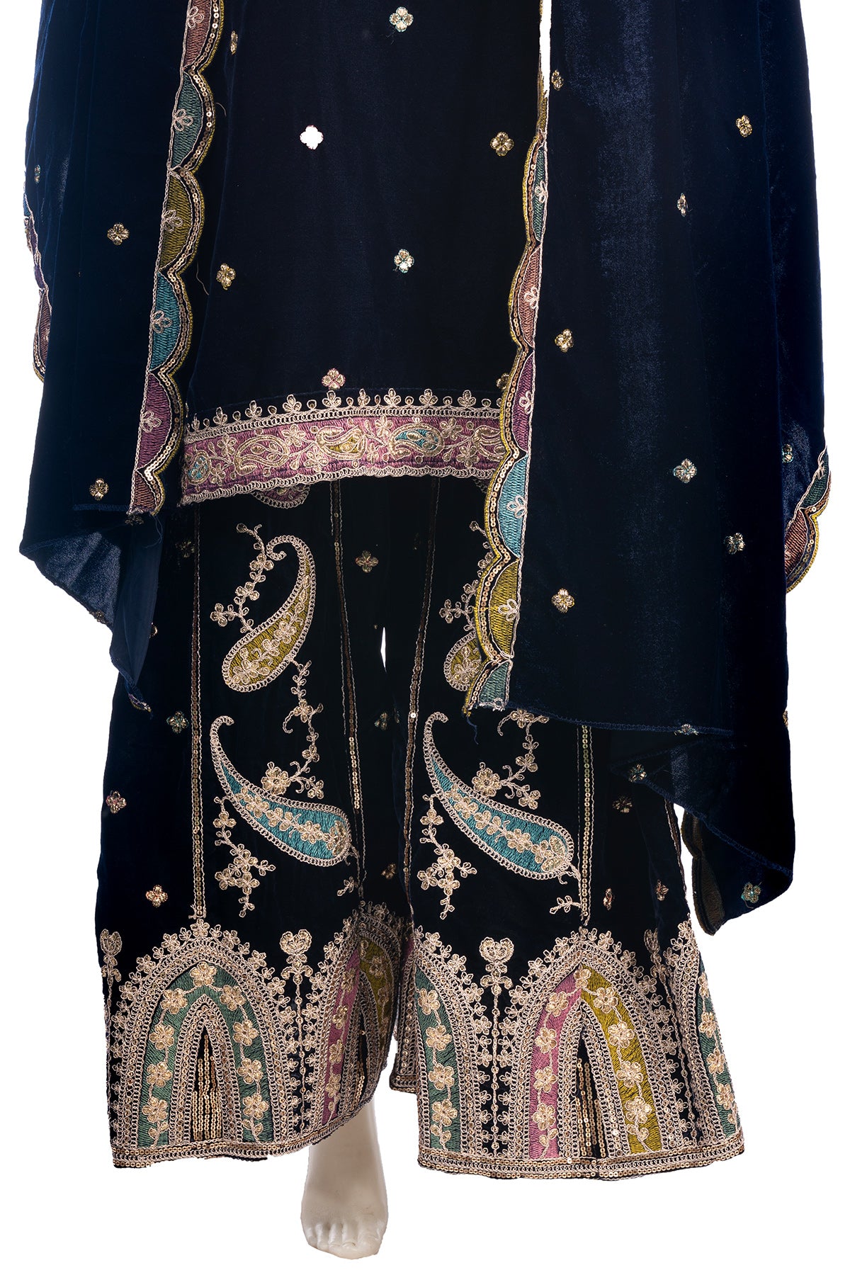Silakaari Gehraiyaan Dark Blue-Gold Sequin Zari Bridal Pure Velvet Kurti Palazzo Set