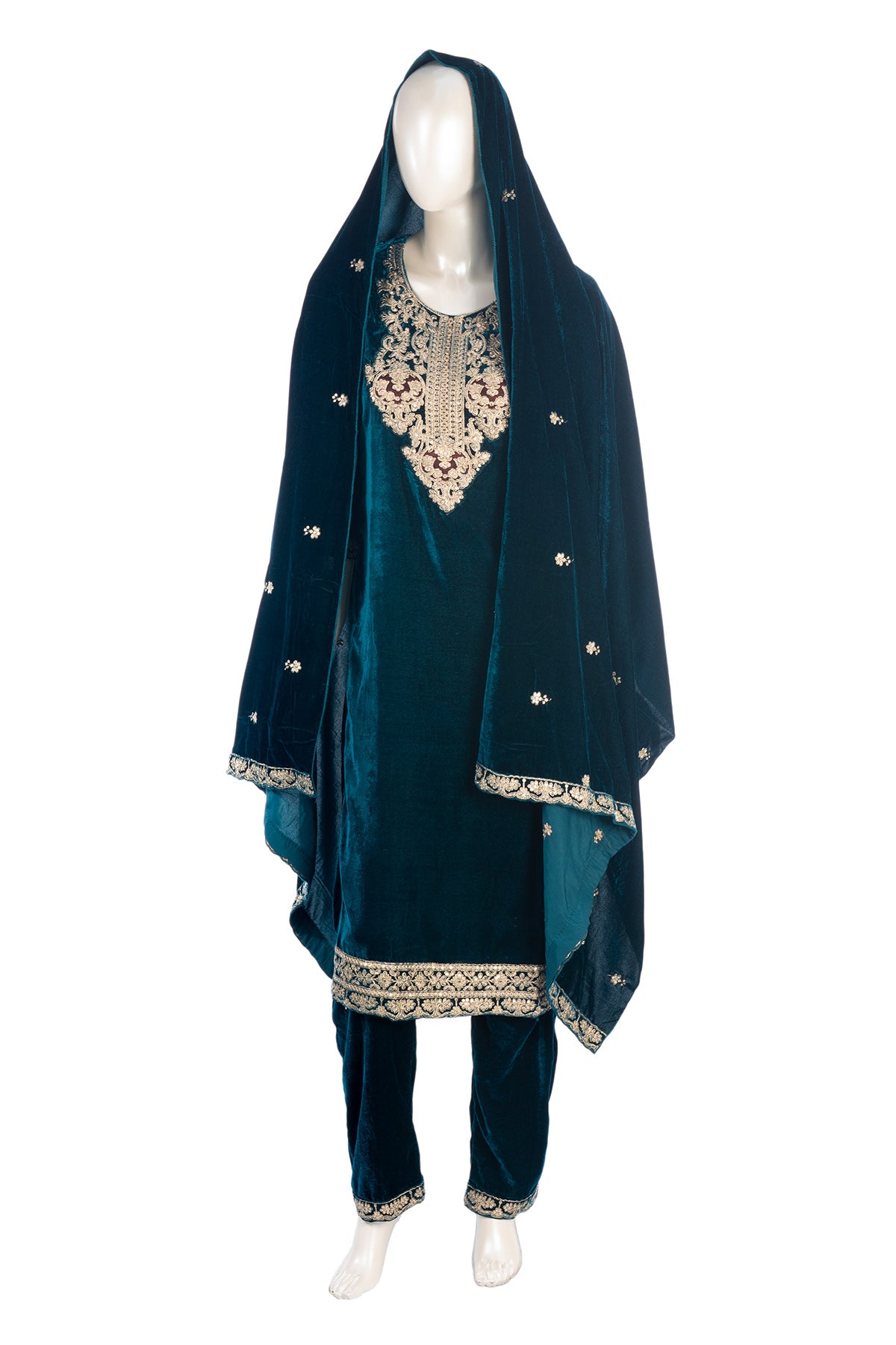 Silakaari Dilkash Dark Green Gold Sequin Patch Zardosi Pure Velvet Bridal Kurti pant set