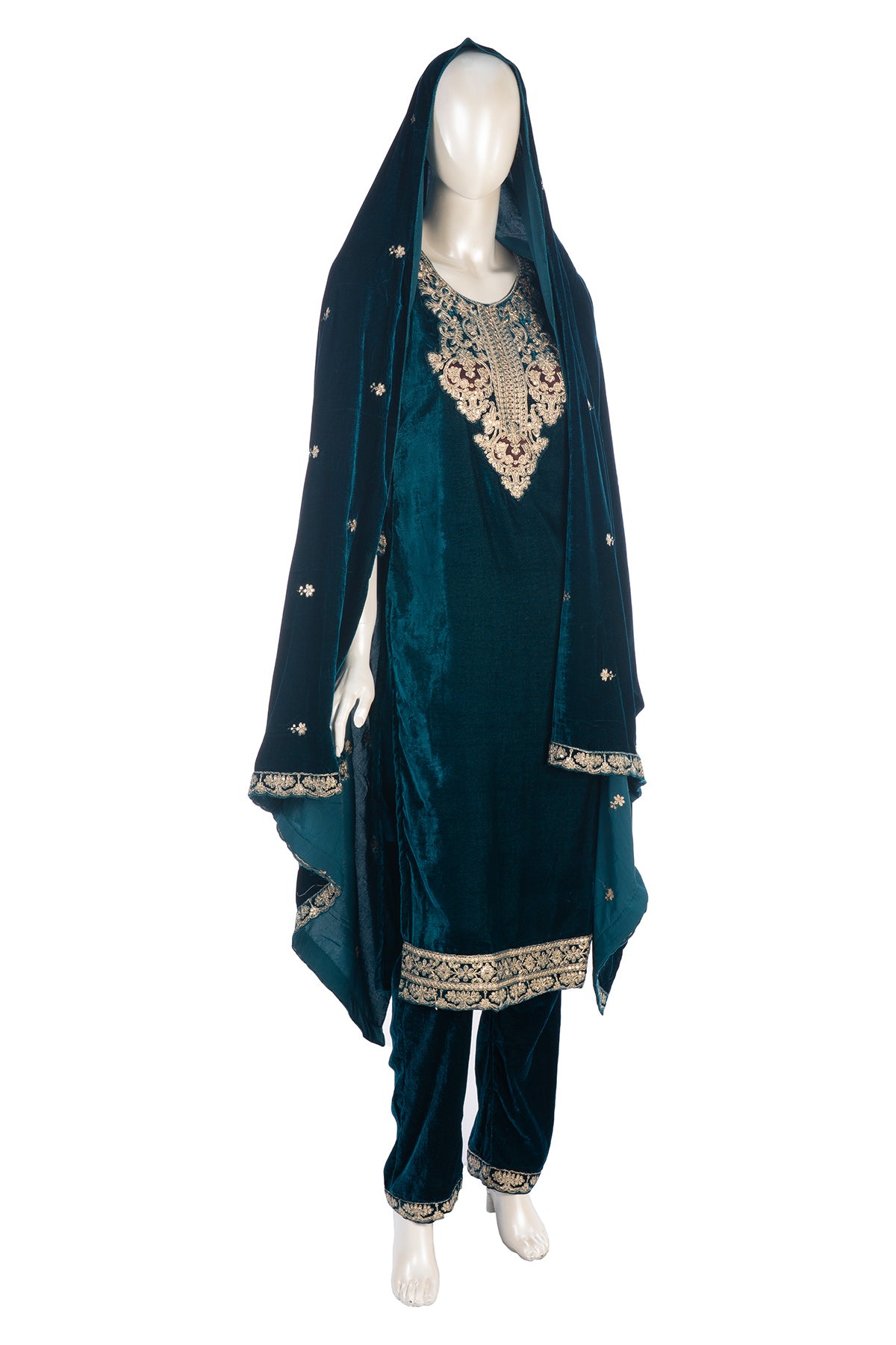 Silakaari Dilkash Dark Green Gold Sequin Patch Zardosi Pure Velvet Bridal Kurti pant set